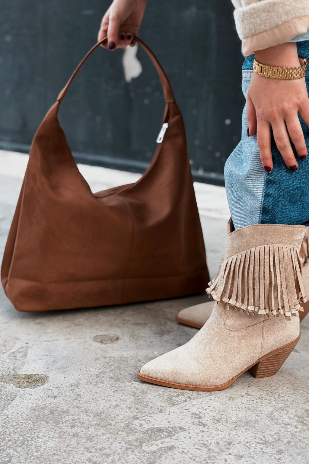 Iserne Beige Suede Fringe Women's Cowboy Boots