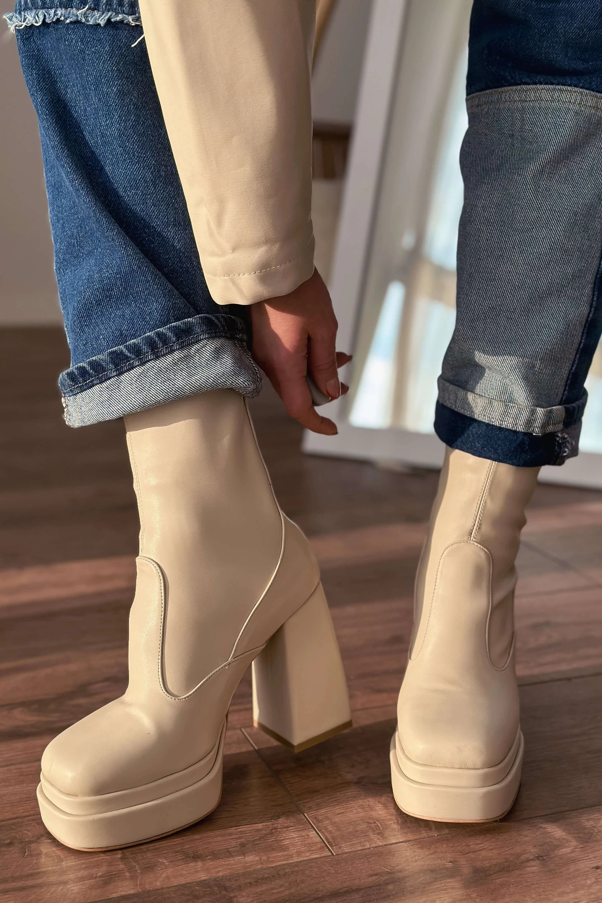 Lestina Beige Stretch Faux Leather Women's Boots