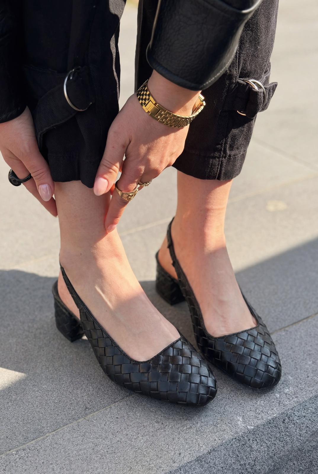 Solen Black Faux Leather Woven Detail Women's Mary Jane