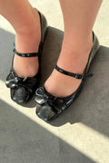Ratins Black Crinkled Faux Leather Bow Detail Women's Flats