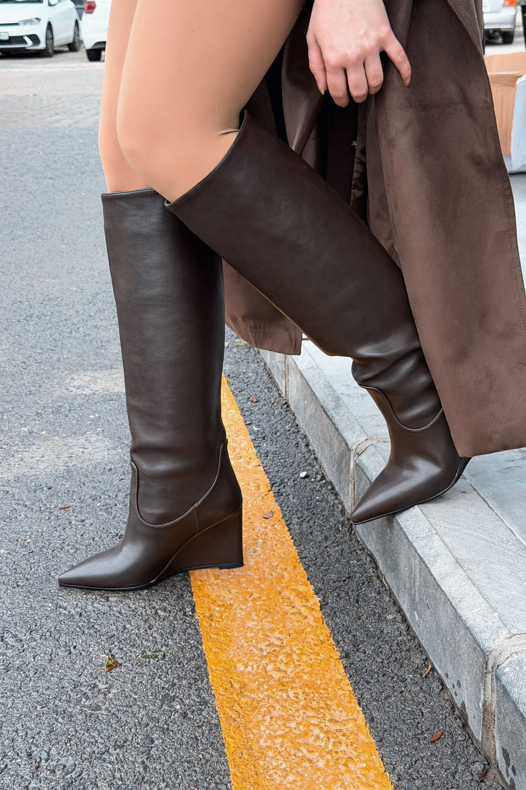 Ravita Light Brown Faux Leather Wedge Heel Women's Boots