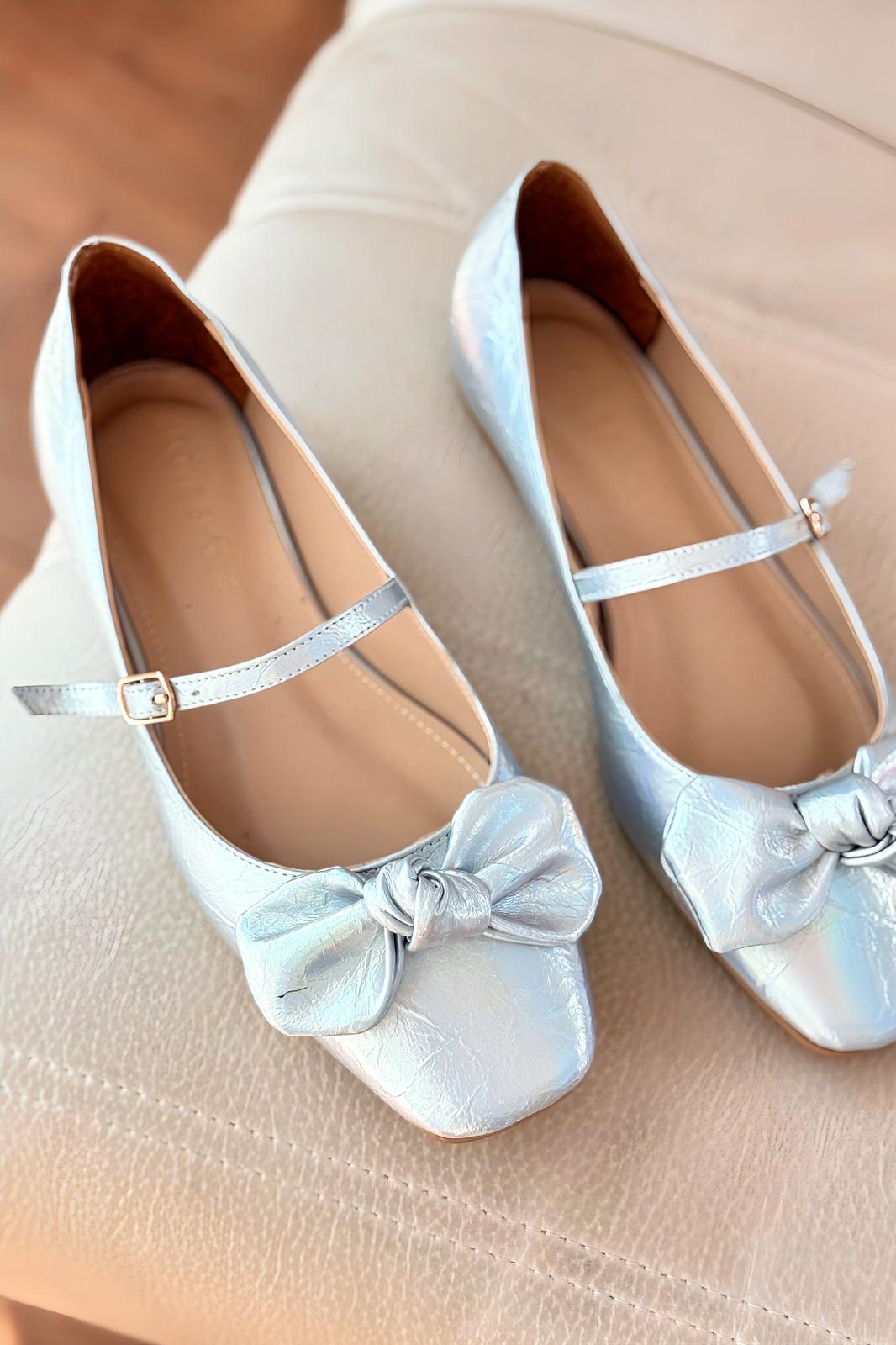 Ratins Silver Hologram Crinkle Faux Leather Bow Detail Women's Flats