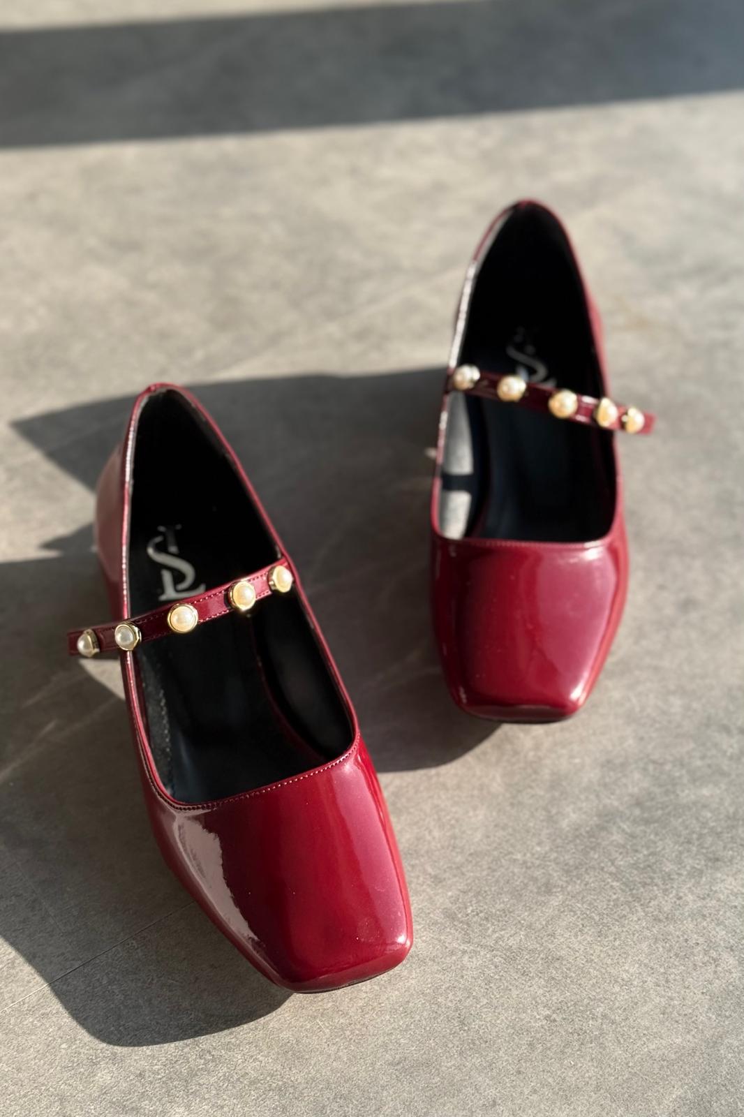 Myrel Bordeaux Pearl Detail Patent Faux Leather Women's Mary Jane