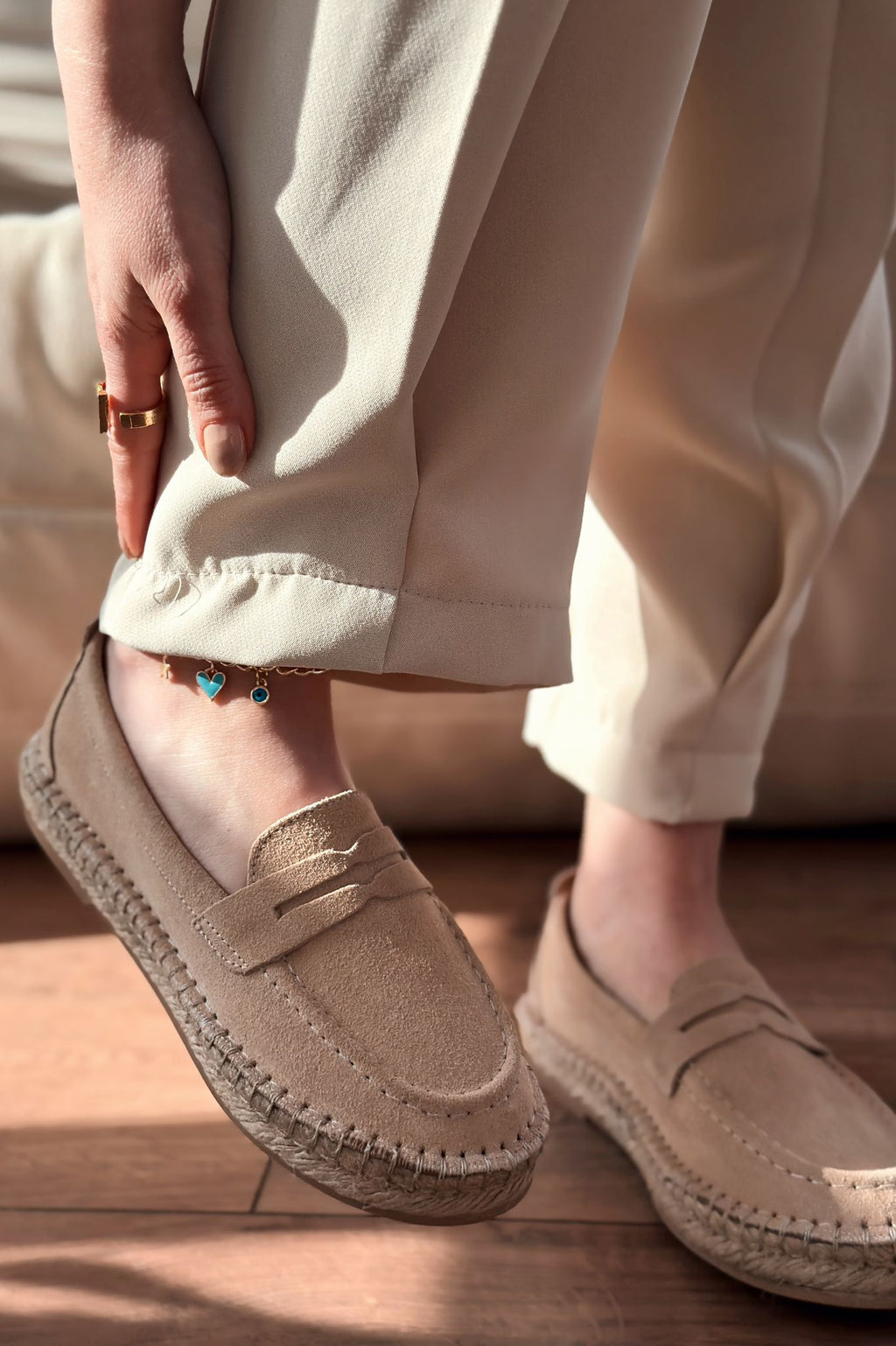 Celure Beige Genuine Suede Women's Espadrille Loafers