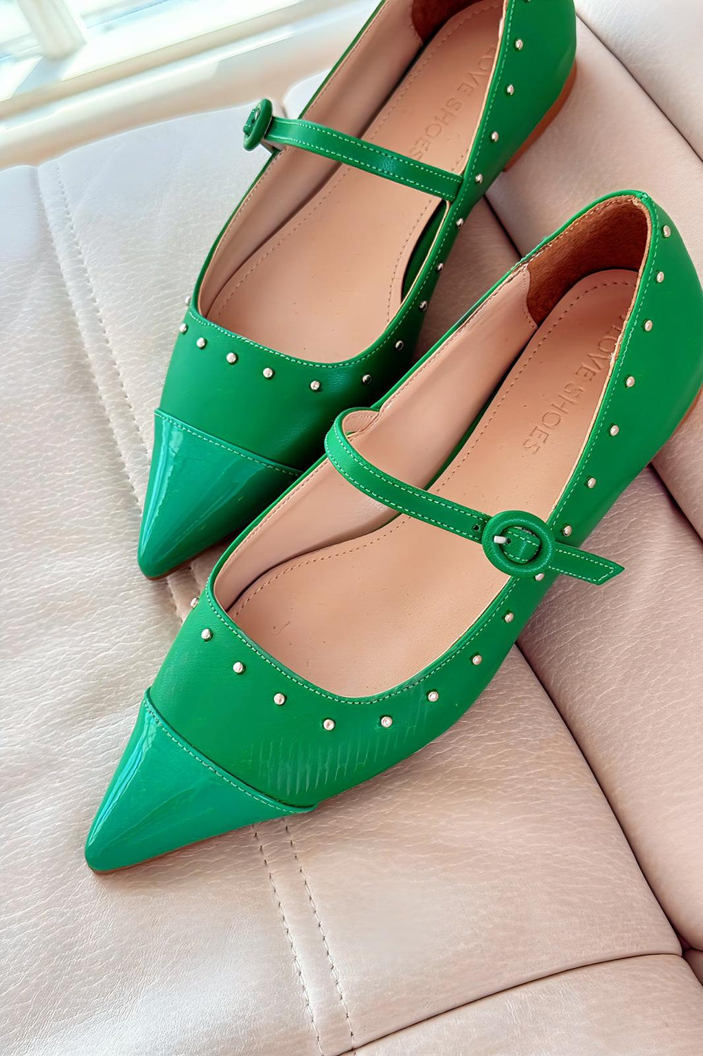Panilo Green Faux Leather Studded Women's Flats