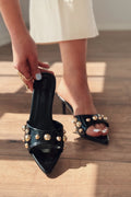 Yonspe Black Patent Faux Leather Stiletto Heel Mules