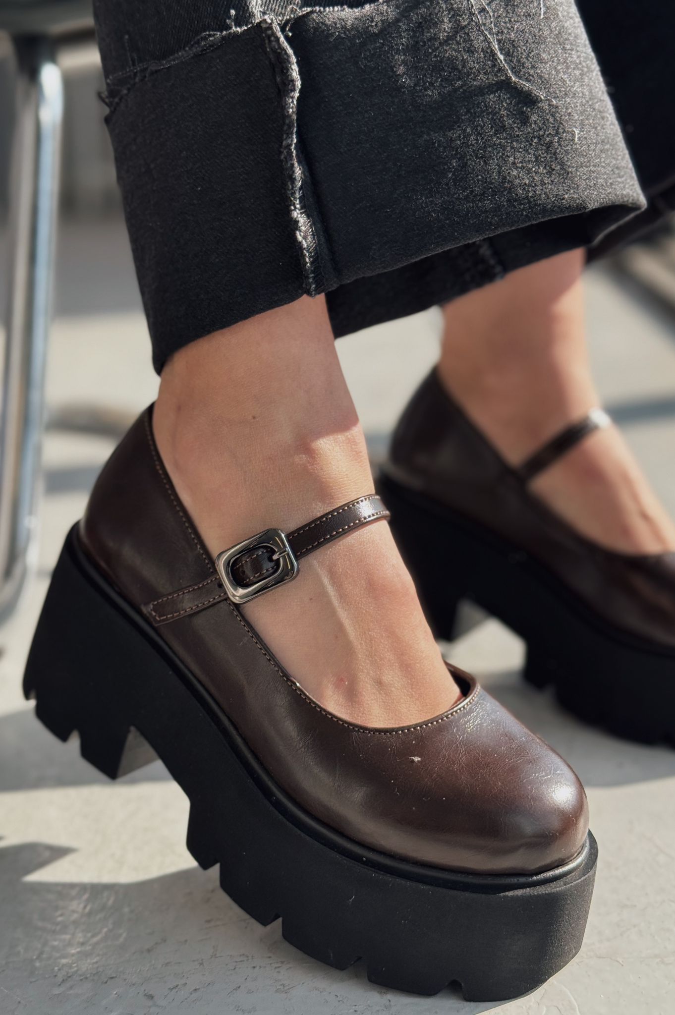 Tinos Dark Brown Faux Leather Platform Women's Mary Jane