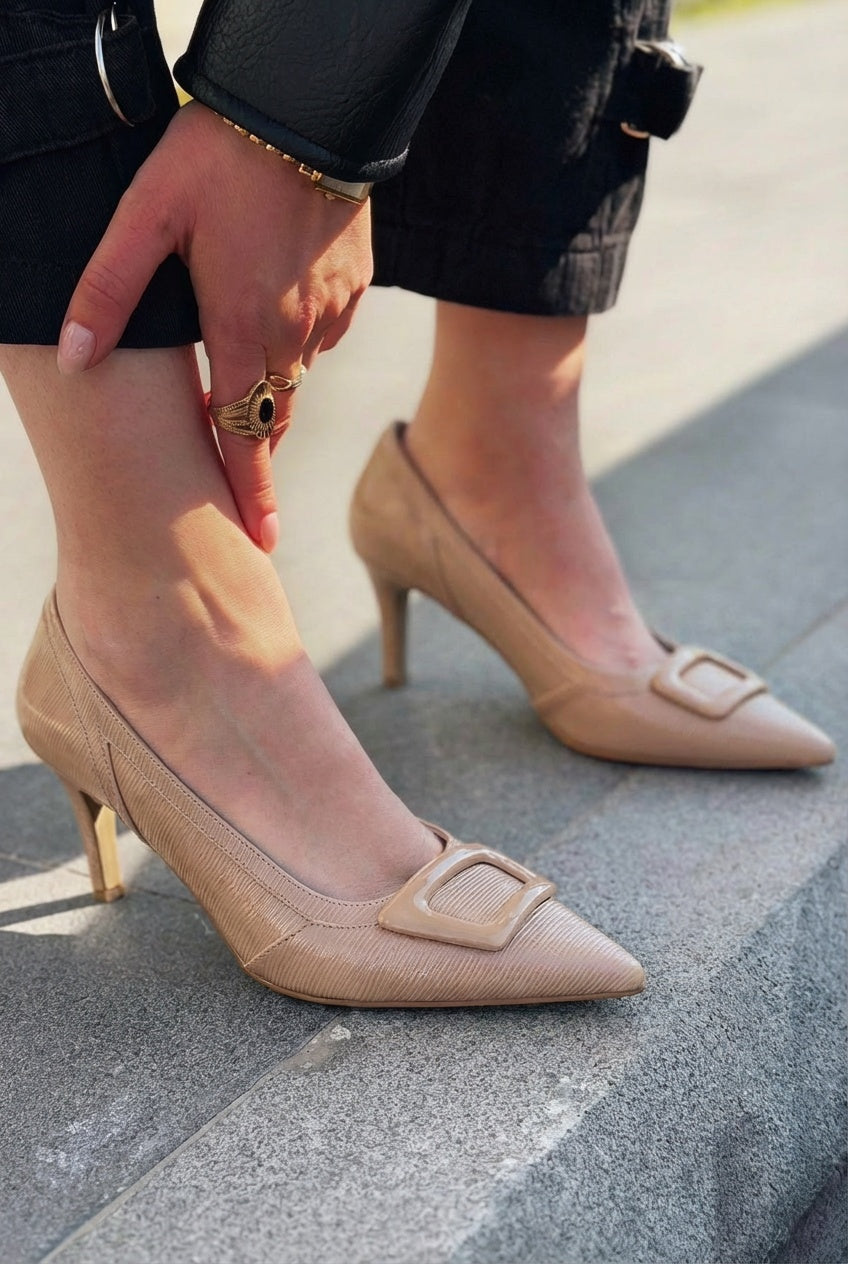 Finrel Nude Patent Faux Leather Stilettos with Buckle Detail