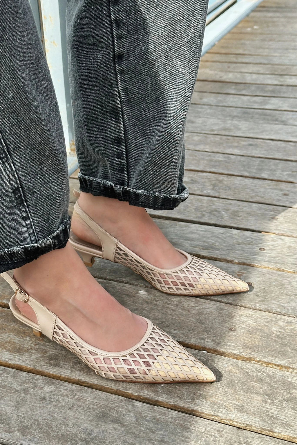 Talin Nude Faux Leather Mesh Detail Women's Low Heel Stilettos