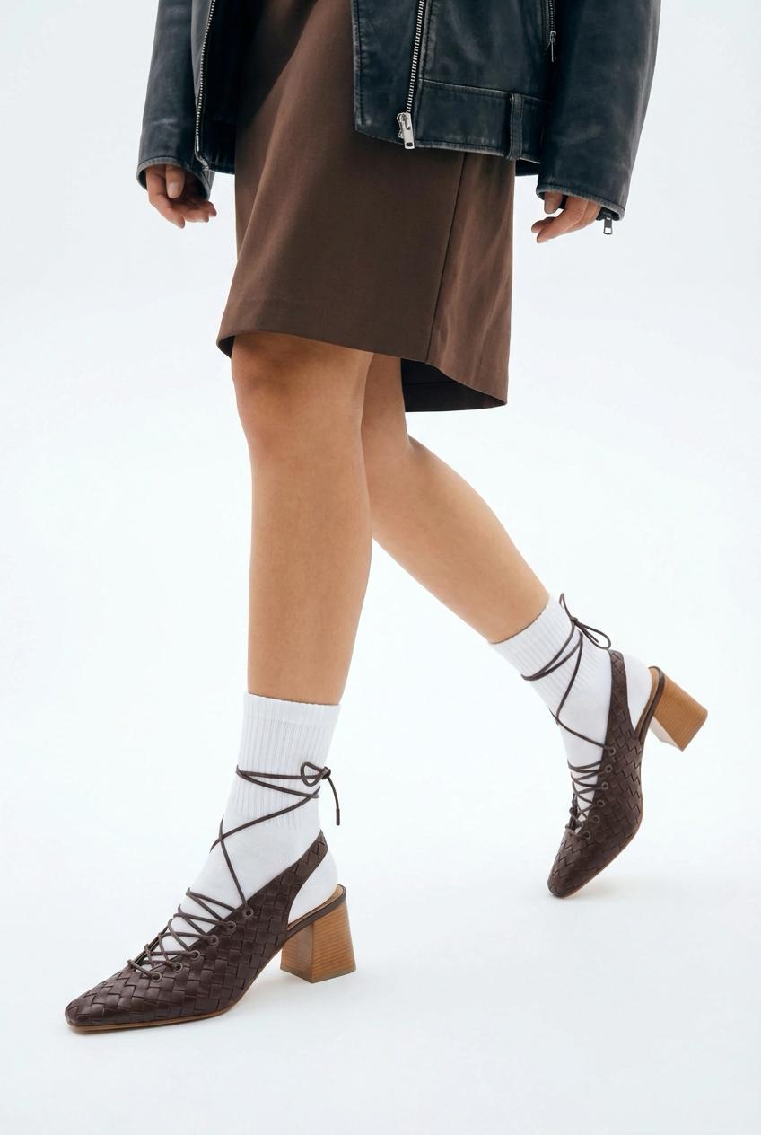 Yorella Dark Brown Faux Leather Woven Women's Pumps