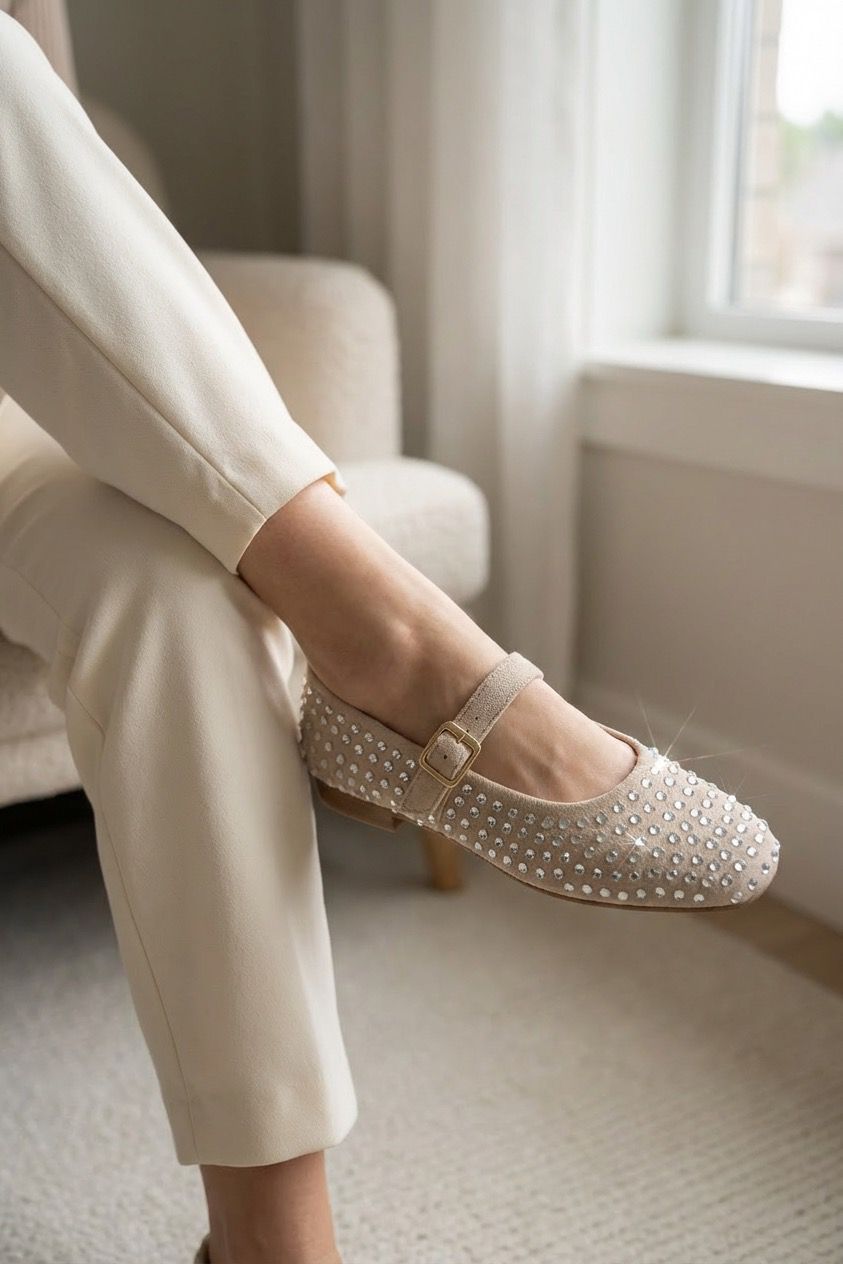 Orion Beige Suede Stone-Embellished Women's Flats