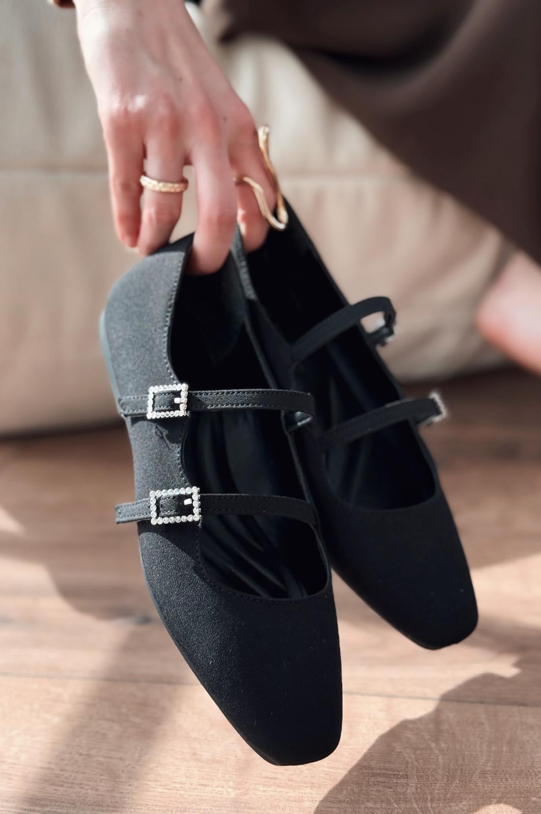 Harwor Black Satin Buckle Detail Women's Flats