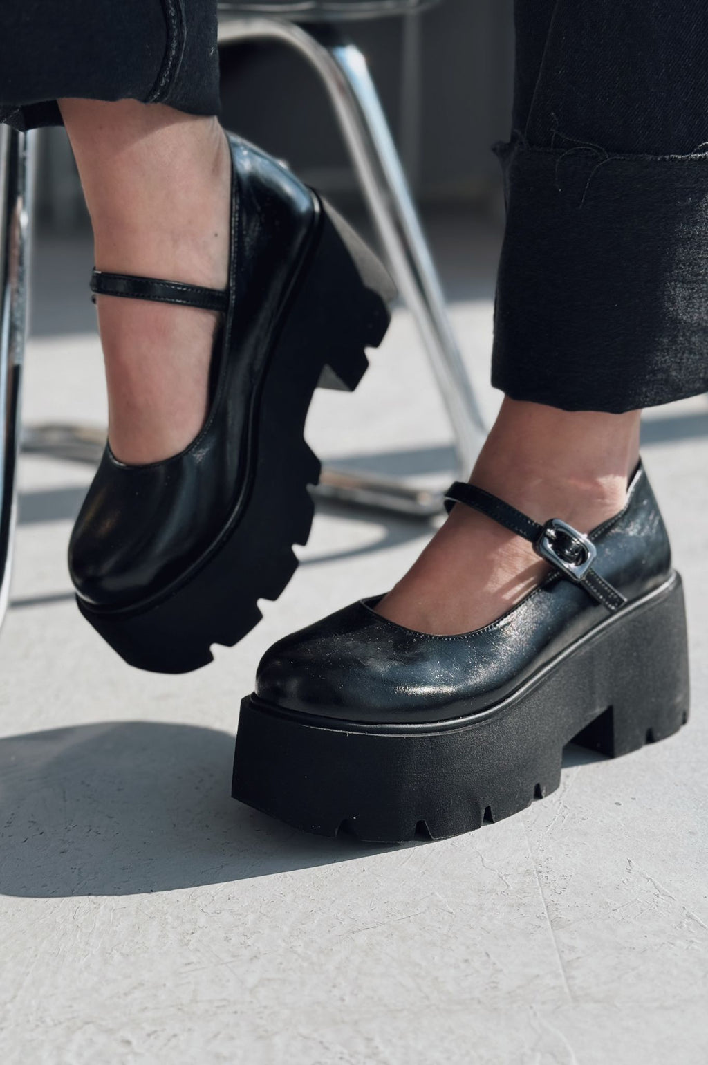 Tinos Black Faux Leather Chunky Sole Women's Mary Jane