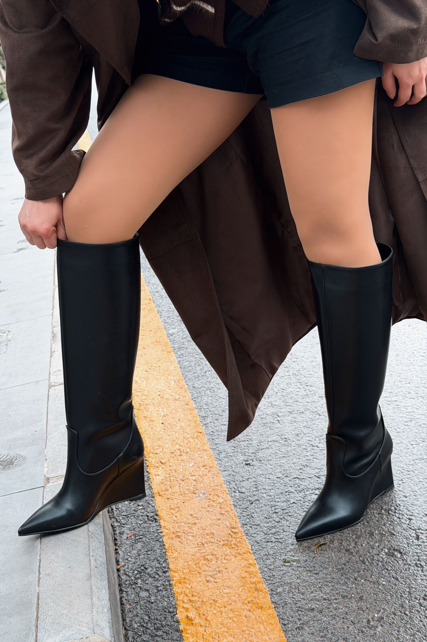Ravita Black Faux Leather Wedge Heel Boots