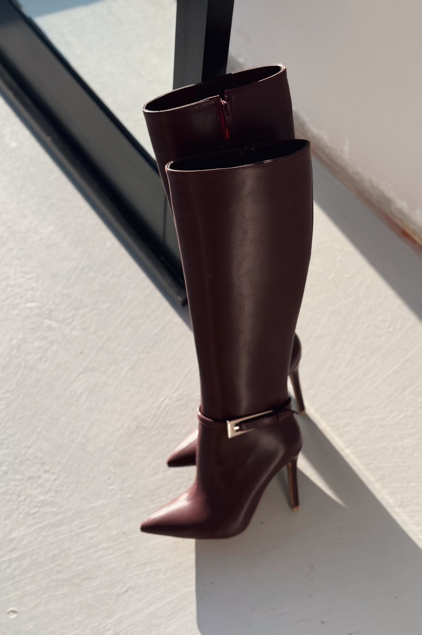 Eswod Burgundy Faux Leather Buckle Detail Women's Boots
