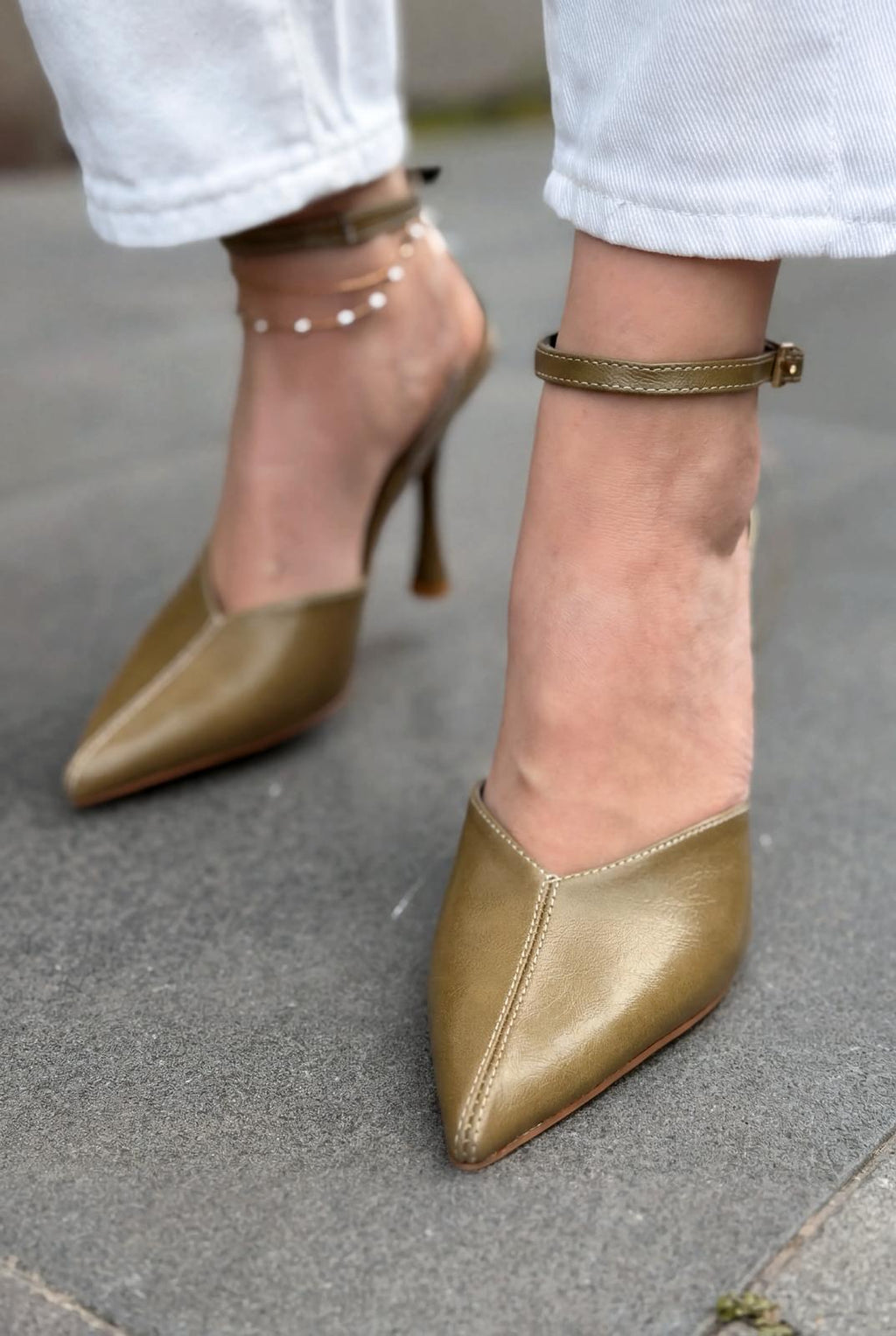 Rovire Khaki Crinkled Patent Faux Leather Women's Stilettos