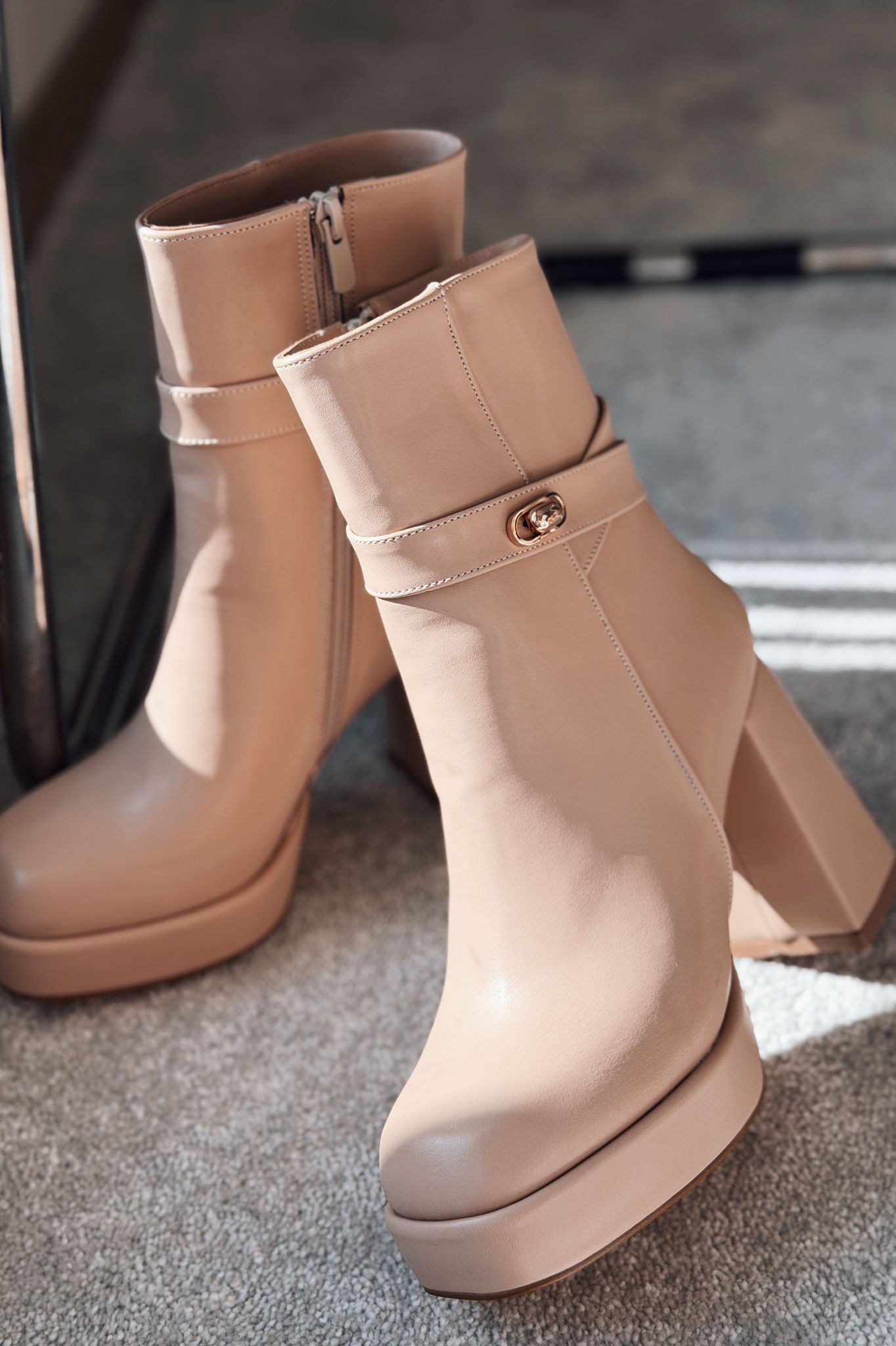 Xeniar Beige Faux Leather Platform Pumps with Zipper & Buckle Women's Boots