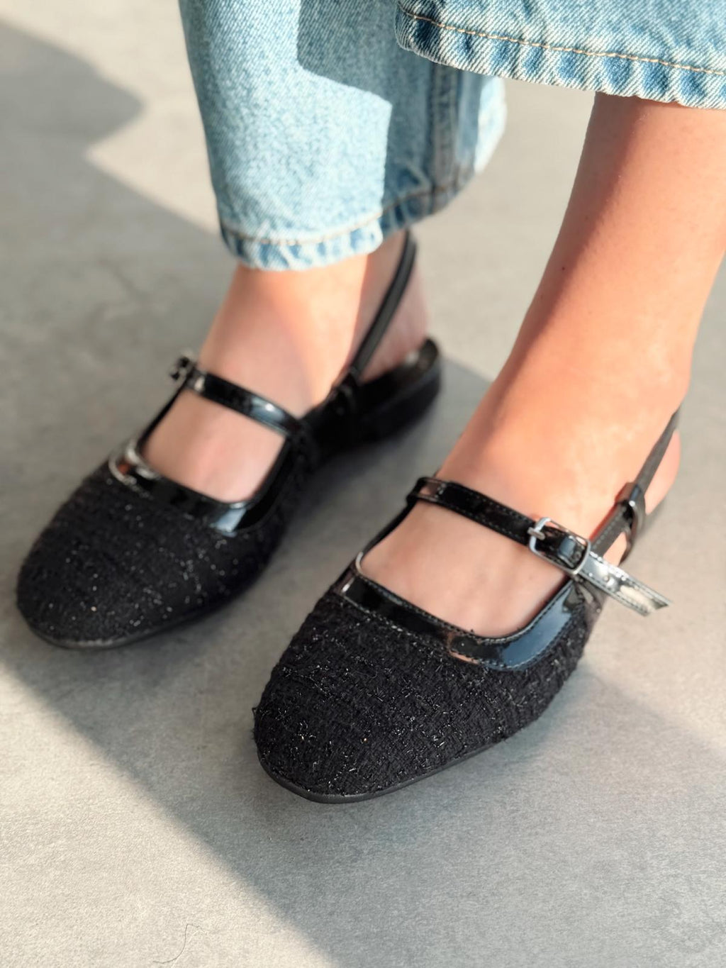 Minor Black Strap Detail Tweed Fabric Women's Mary Jane