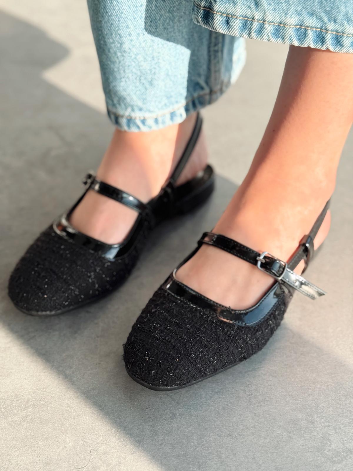 Minor Black Strap Detail Tweed Fabric Women's Mary Jane