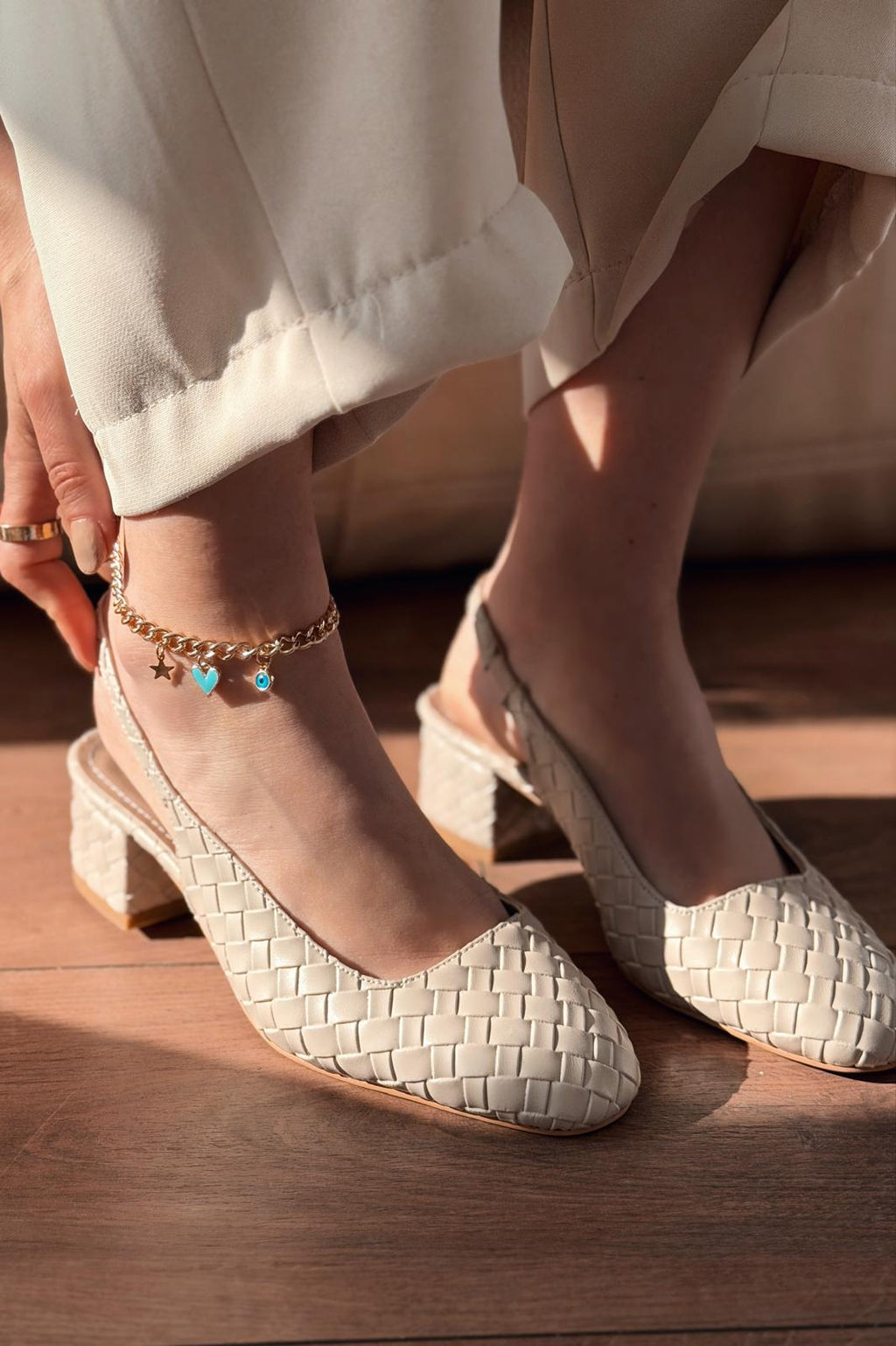 Solen Beige Faux Leather Woven Detail Women's Mary Jane