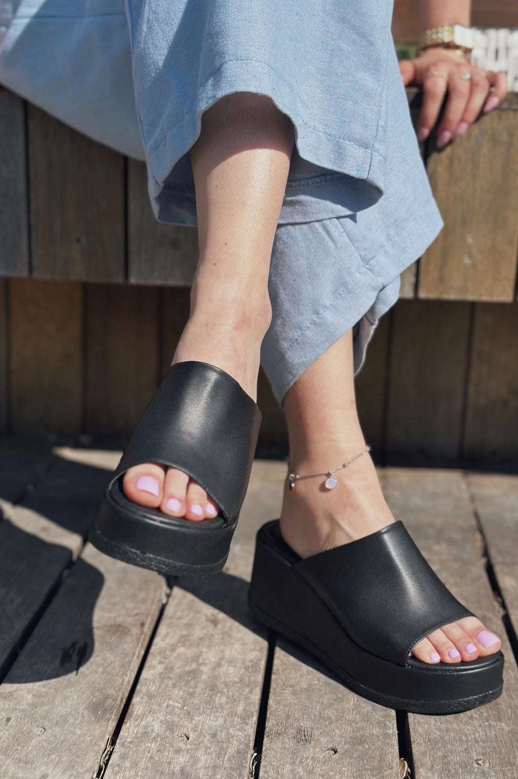 Destin Black Faux Leather Wedge Heel Women's Mules