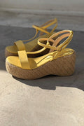 Rowsen Yellow Faux Leather Strap Detail Wedge Pumps
