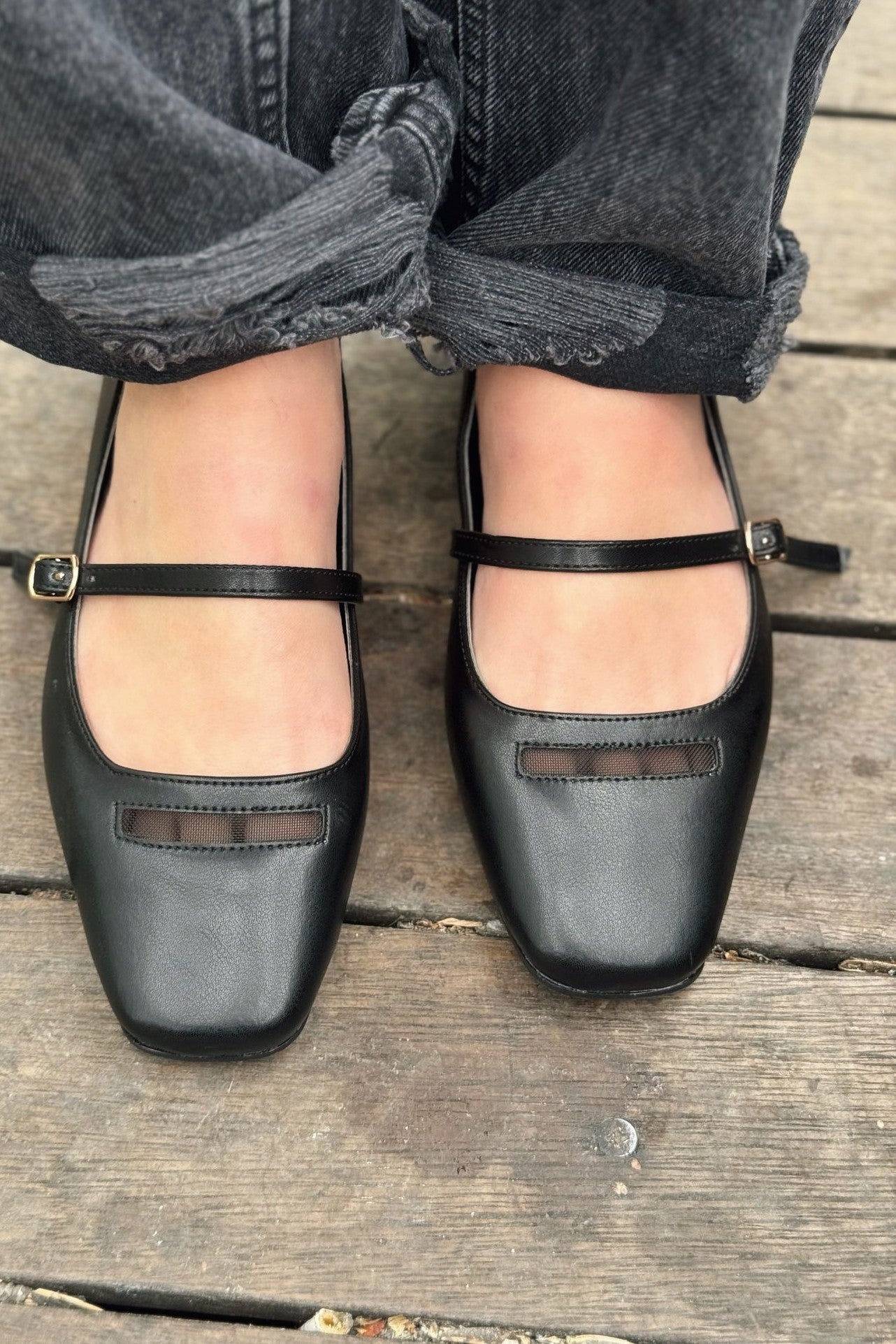 Lufora Black Faux Leather Buckle Women's Flats