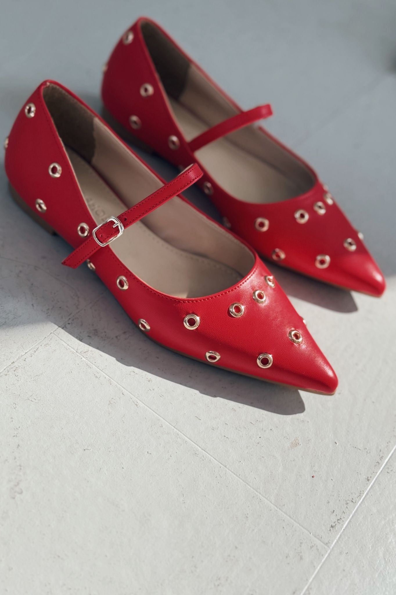 Zelix Red Faux Leather Women's Studded Flats