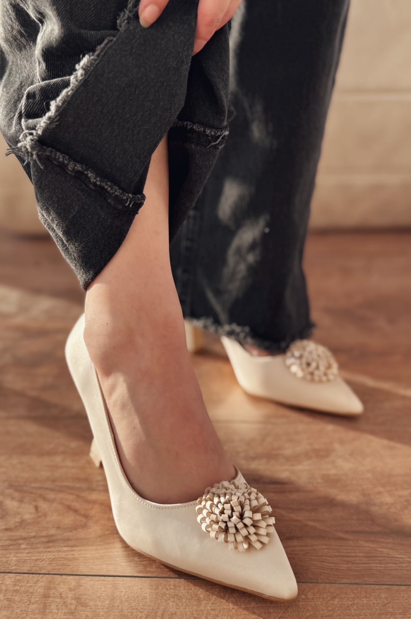 Fovira Beige Satin Women's Stilettos