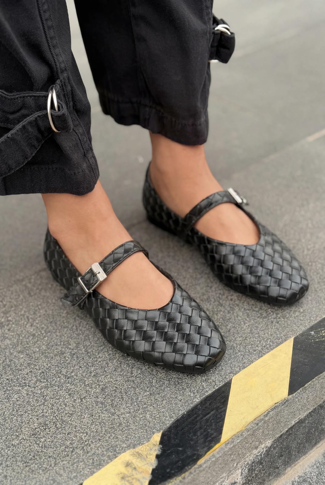 Vespera Black Faux Leather Women's Flats