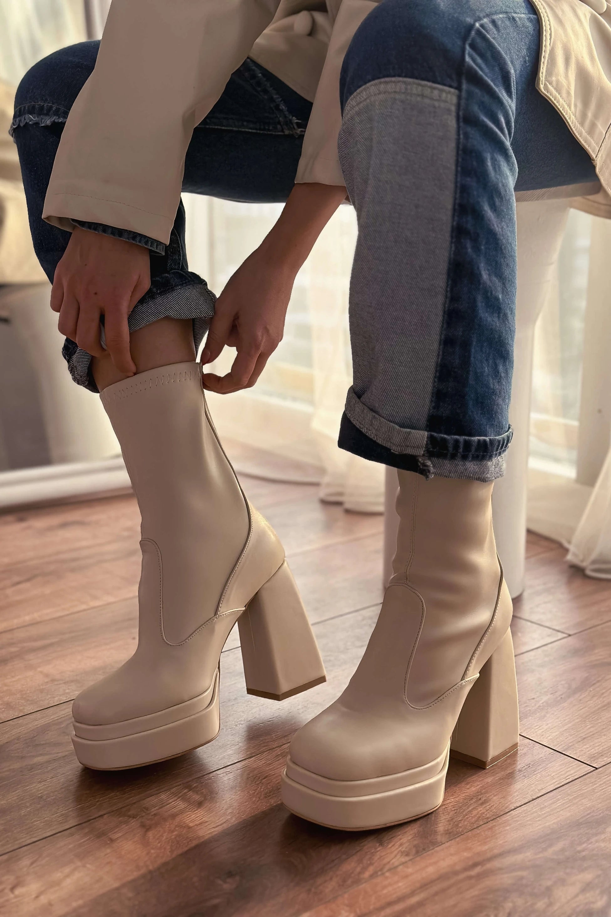 Lestina Beige Stretch Faux Leather Women's Boots