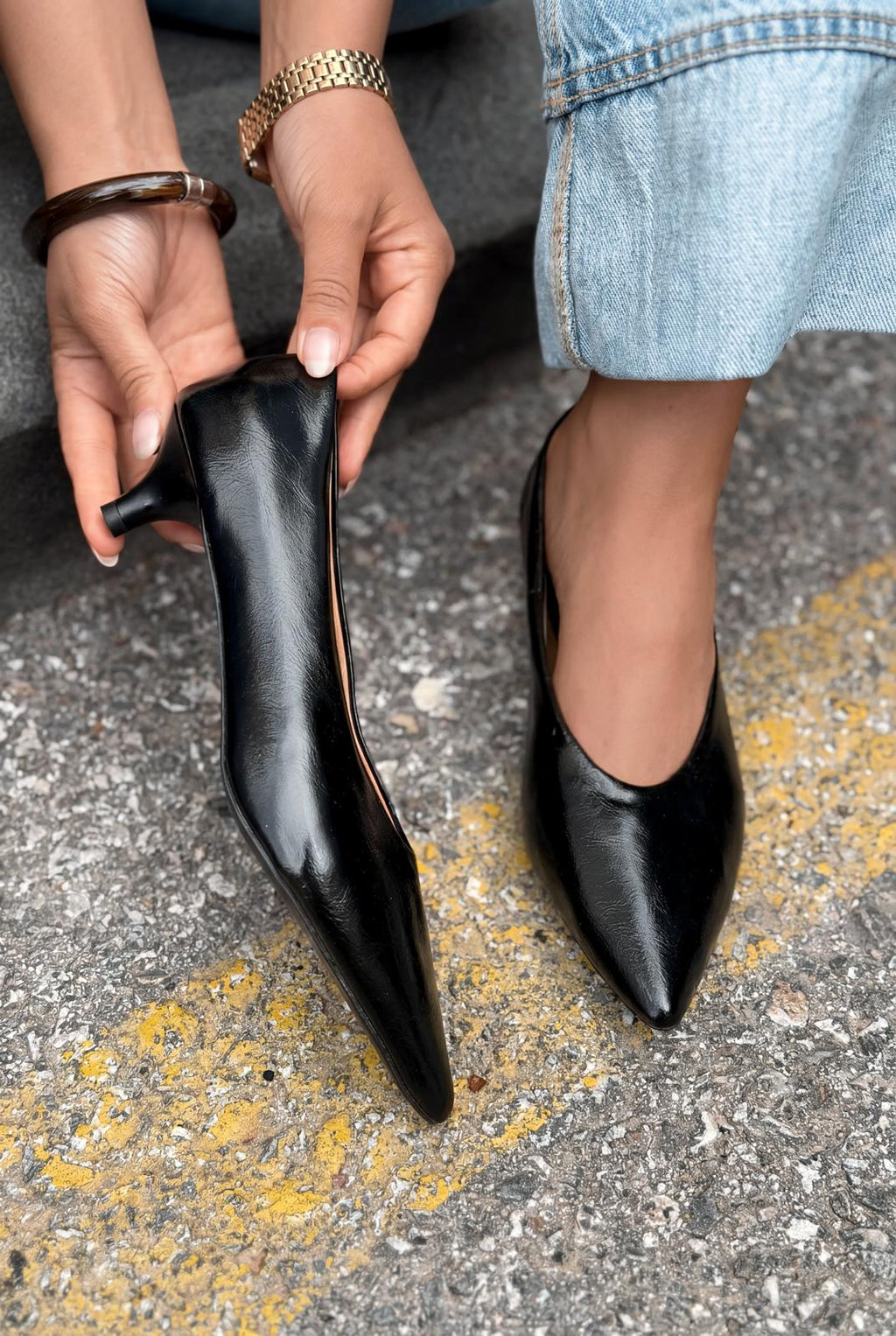 Seranis Black Crinkled Patent Leather Stilettos