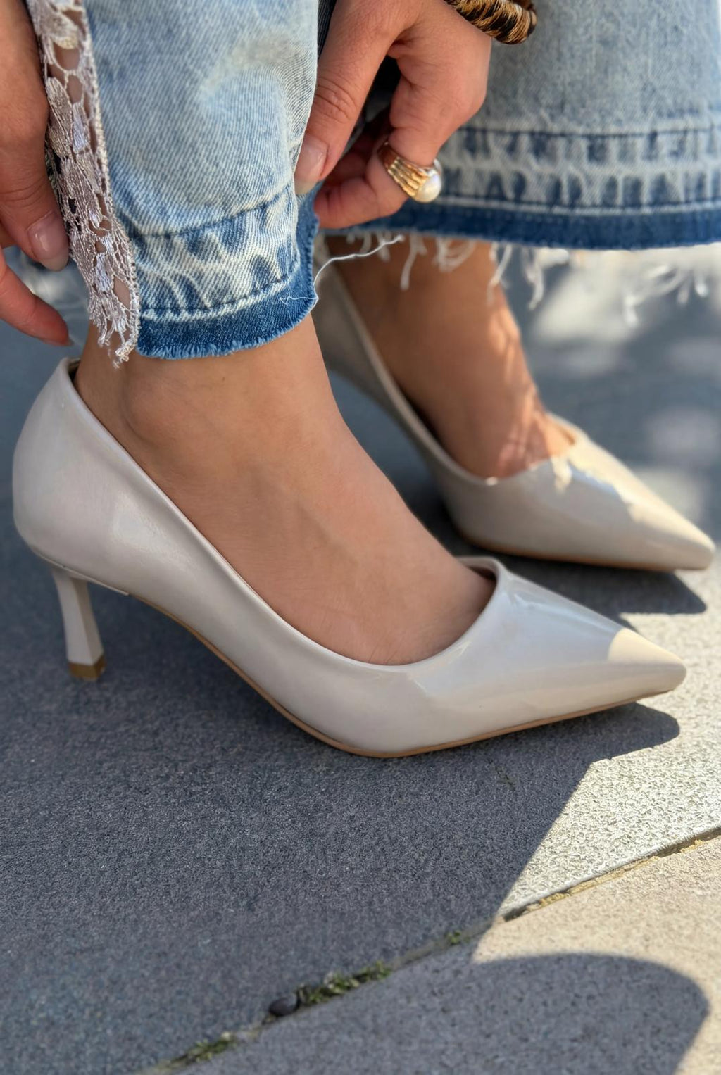 Delvion Beige Patent Faux Leather Women's Stilettos