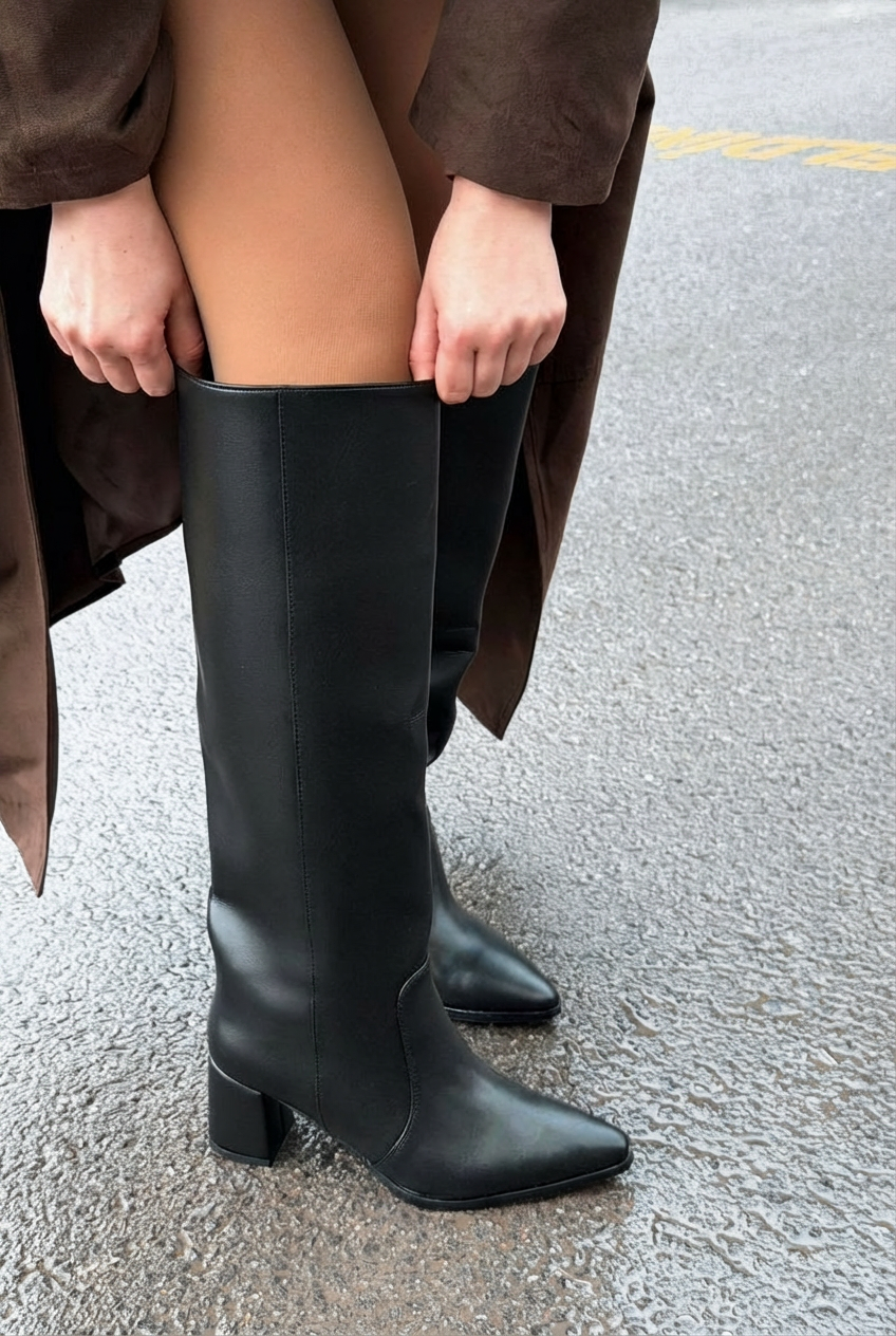 Pelena Black Faux Leather XL Boots Women's
