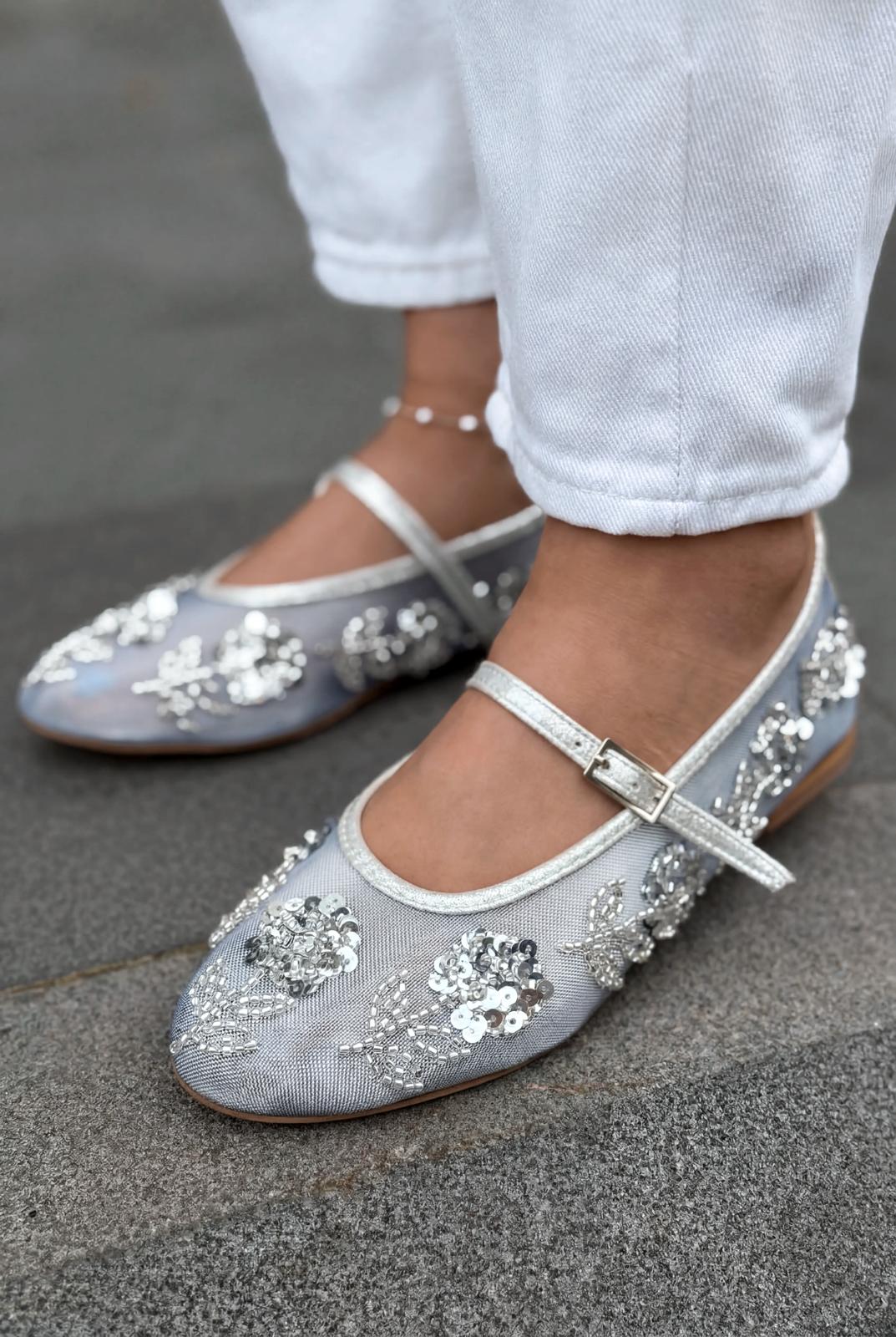 Telora Silver Embroidered Women's Flats
