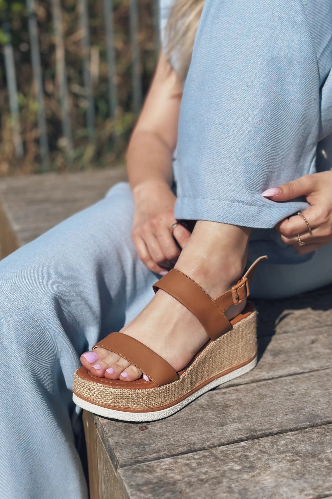 Santes Tan Faux Leather Wedge Pumps Women's Sandals