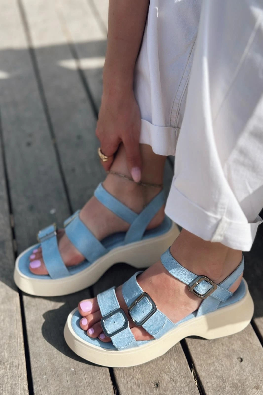 Neslon Baby Blue Suede Buckle Detail Women's Sandals