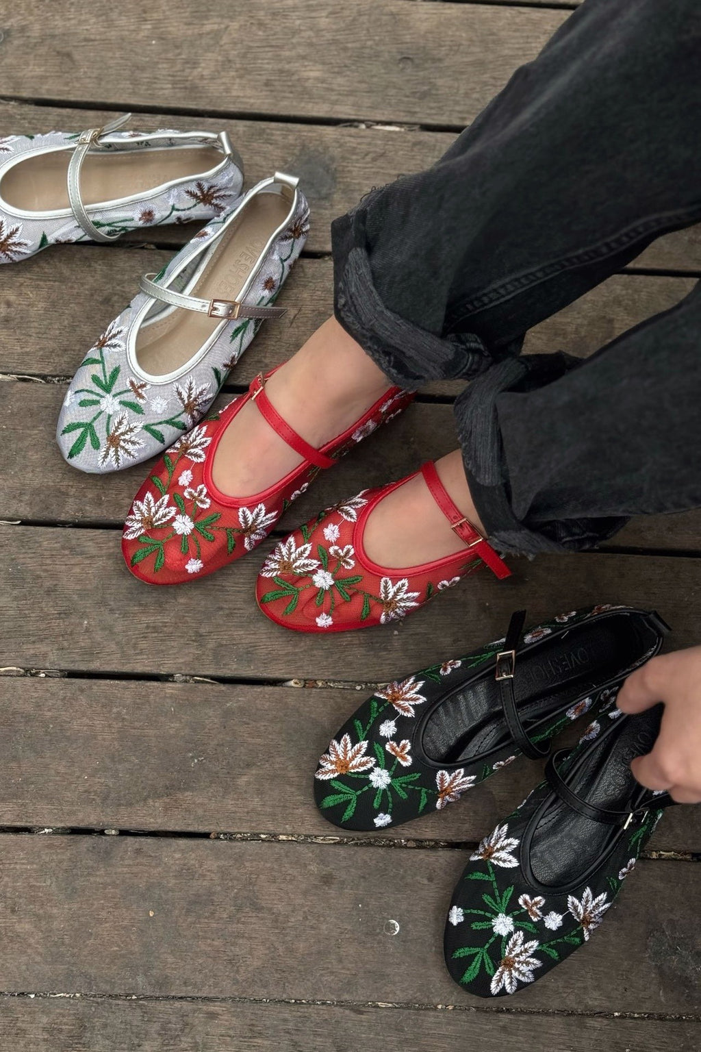 Krysol Embroidered Black Mesh Flats