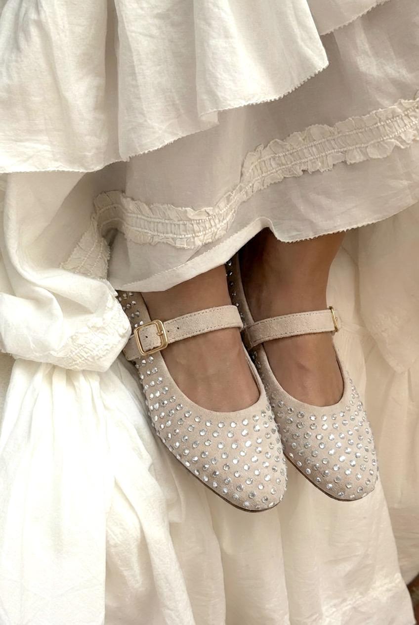 Orion Beige Suede Stone-Embellished Women's Flats