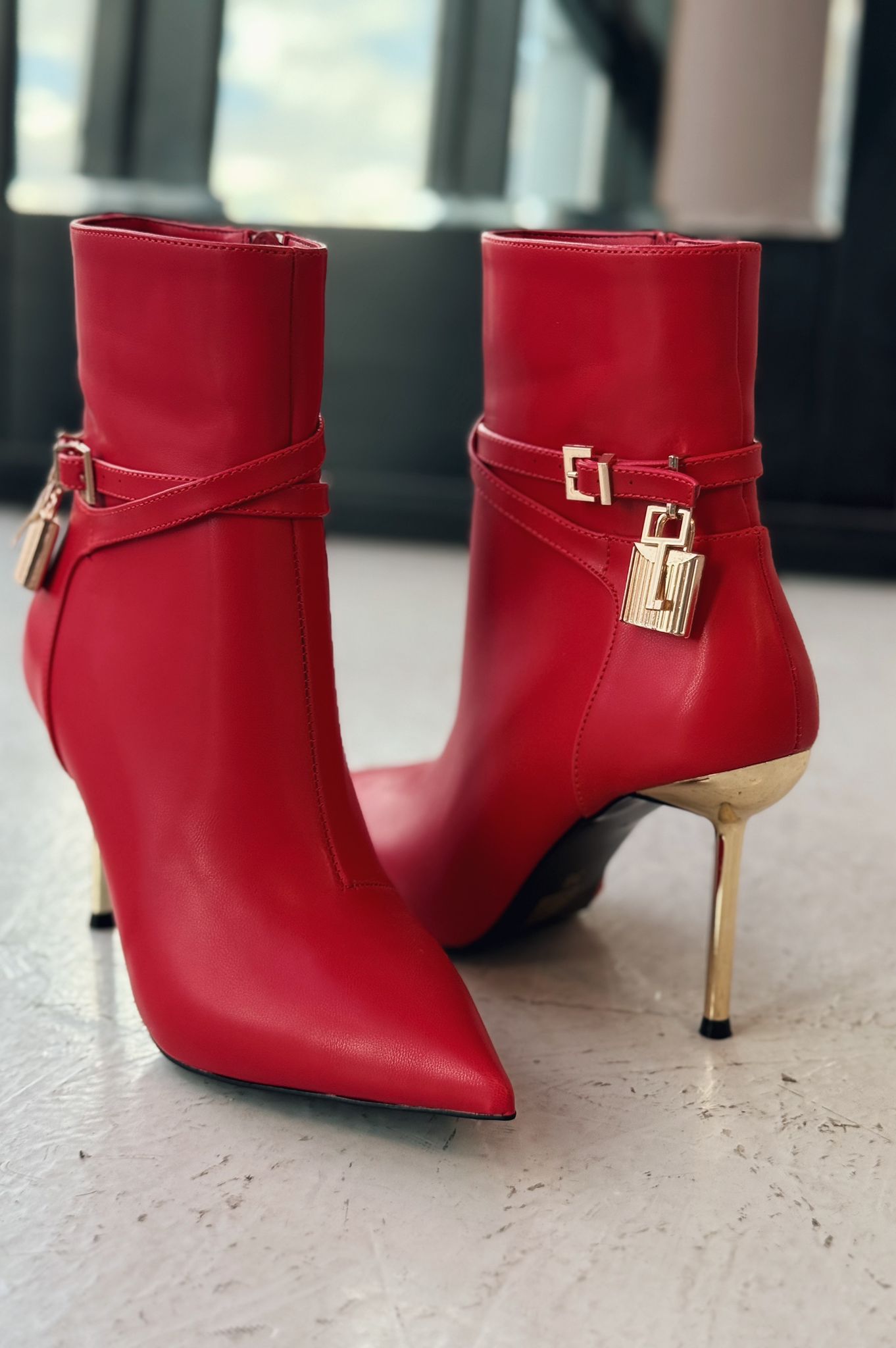 Teronsa Red Faux Leather Buckle Detail Pumps Boots