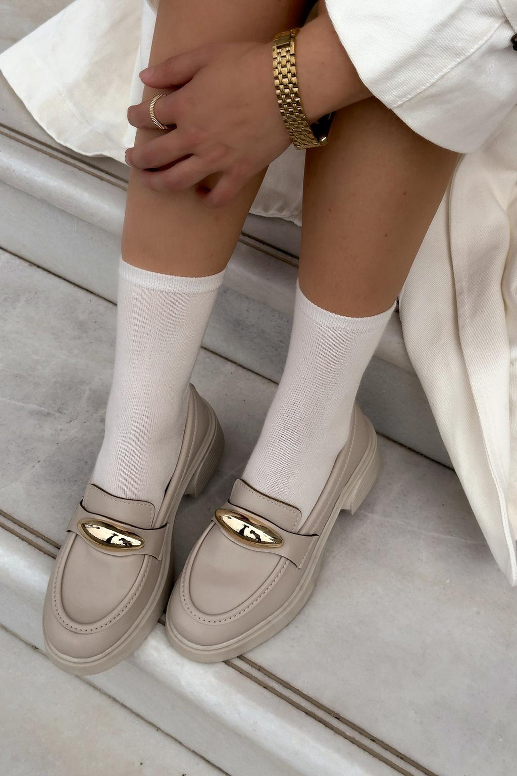 Ravilla Beige Faux Leather Buckle Detail Women's Loafers