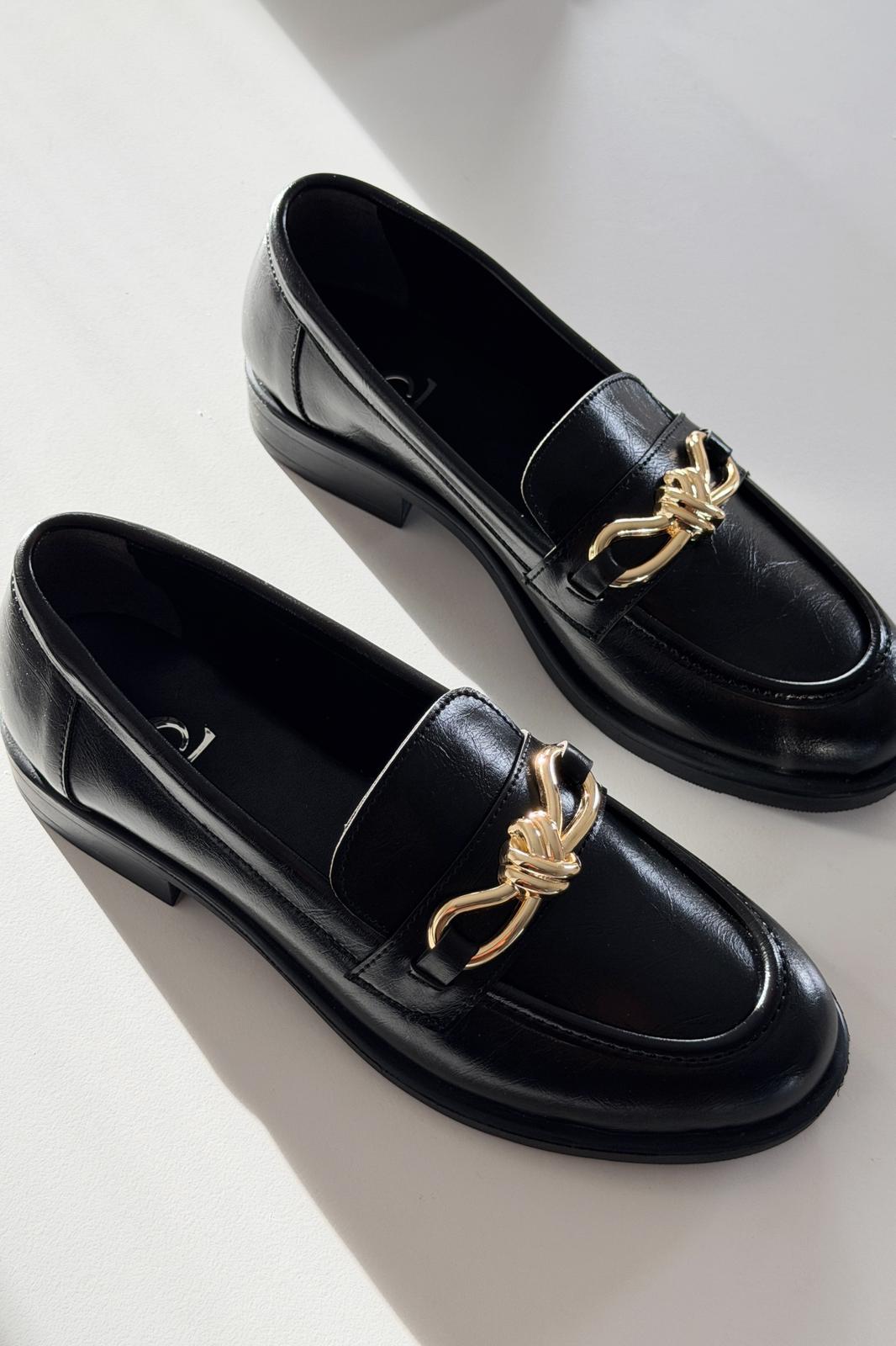 Norel Black Faux Leather Bow Detail Women's Loafers