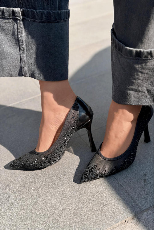Arivelle Black Rhinestone Textile Women's Stilettos