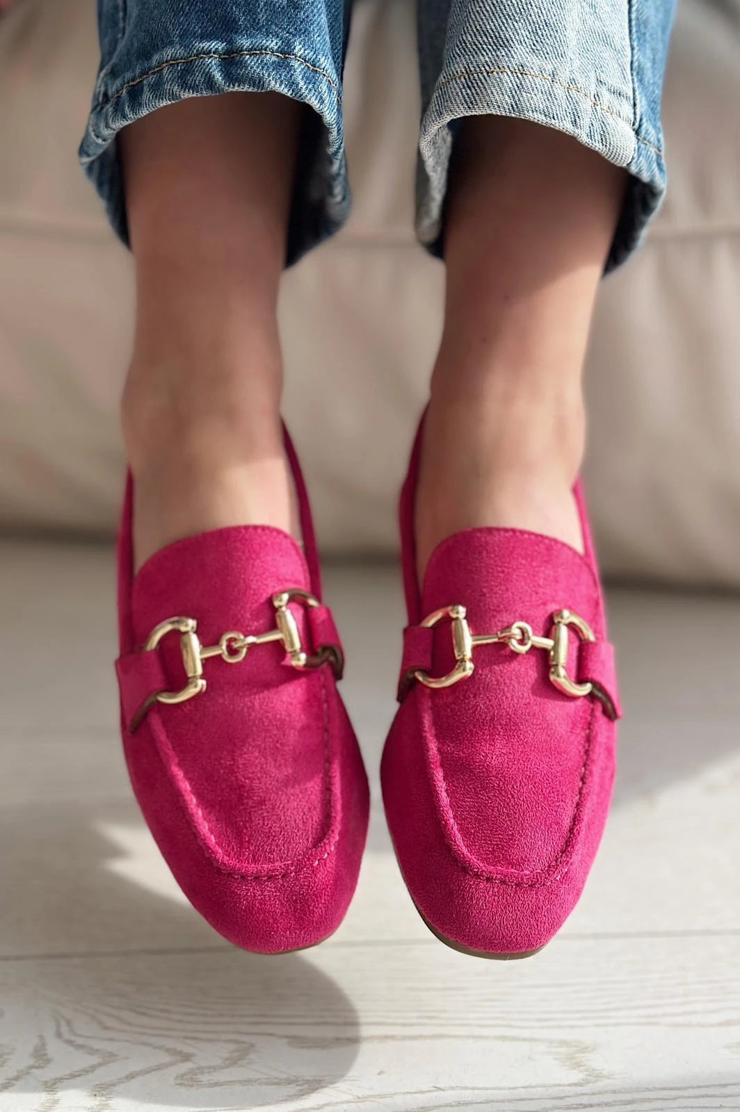 Lofin Fuchsia Suede Buckle Detail Women's Loafers