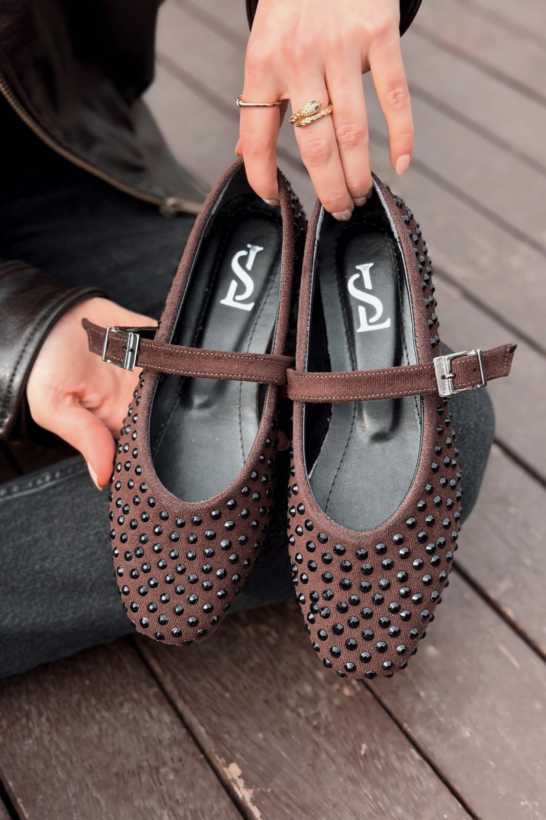 Orion Dark Brown Suede Stone Detail Women's Flats