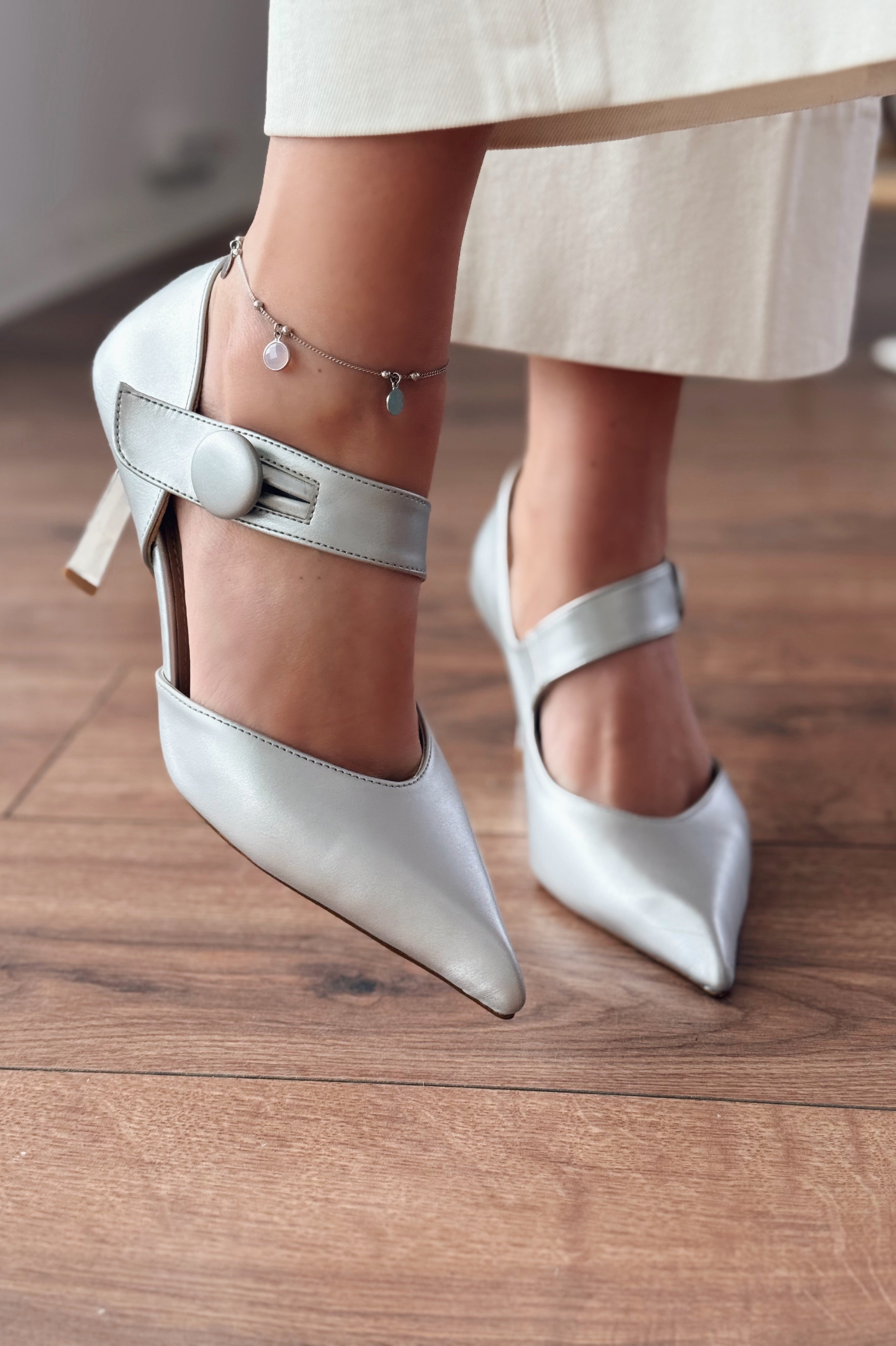 Wasord Silver Button Detail Faux Leather Women's Stilettos