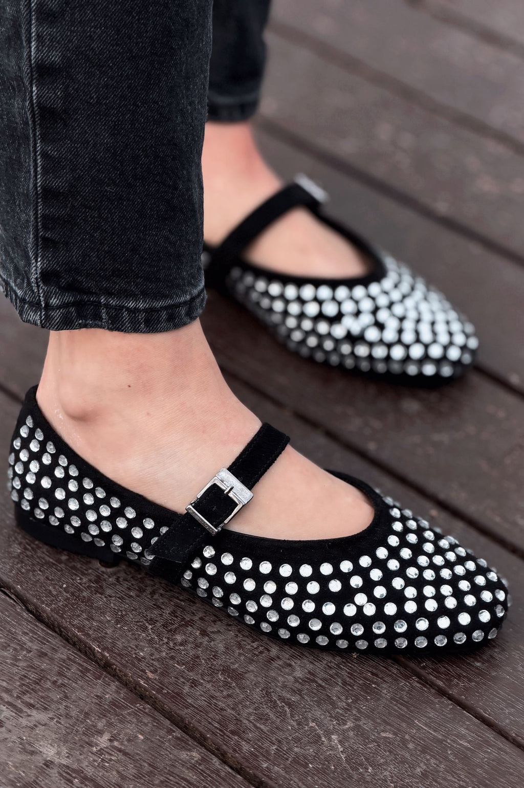Orion Black Suede Gray Stone Detail Women's Flats
