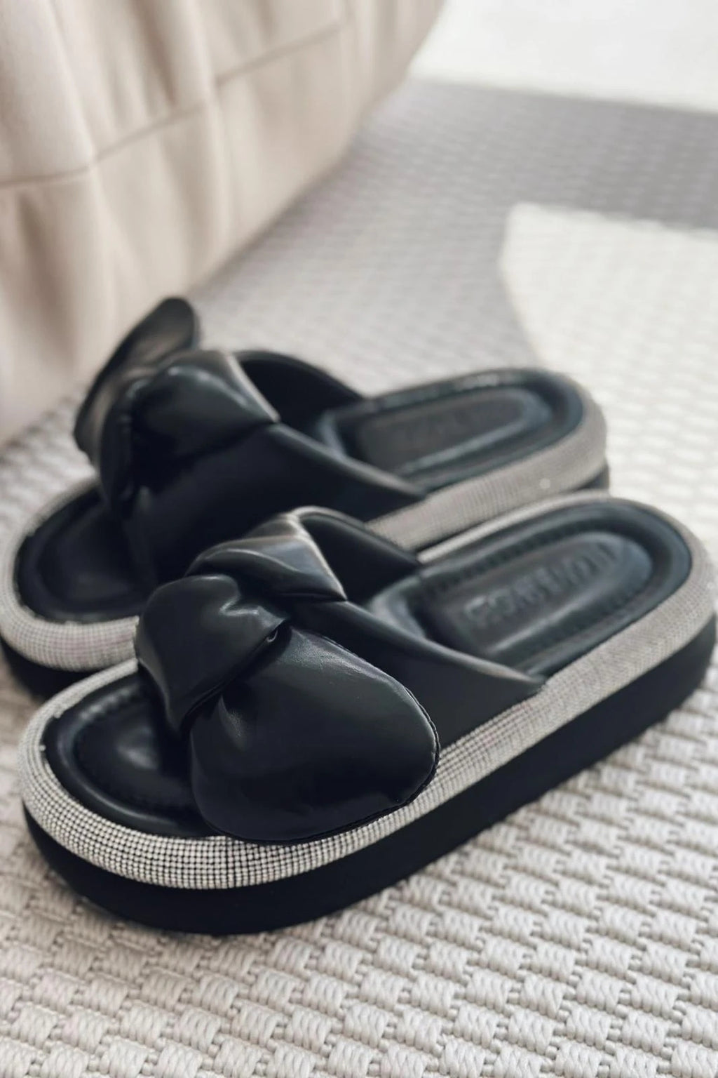 Monnet Black Faux Leather Bow Detail Women's Slides