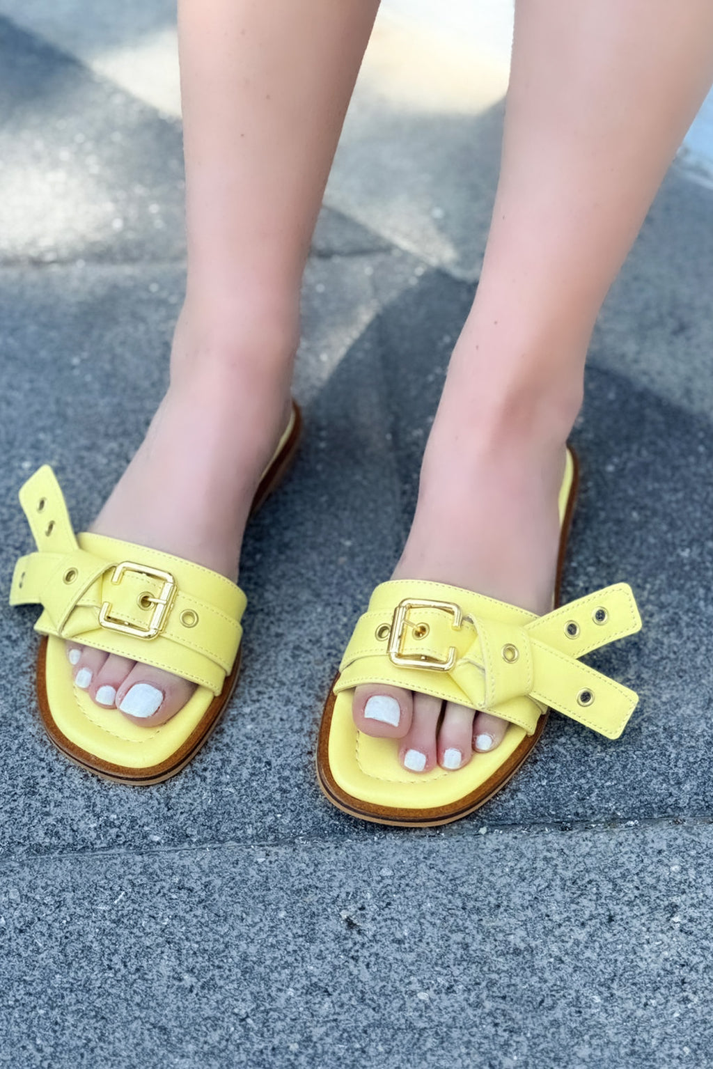 Samaris Yellow Faux Leather Buckle Detail Women's Mules