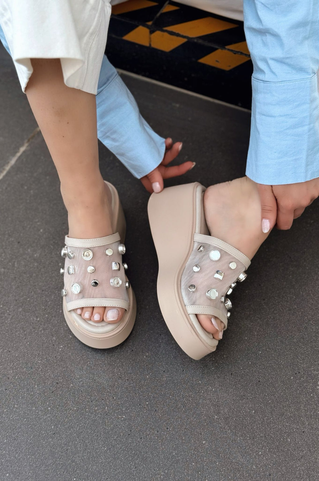 Palien Beige Studded Faux Leather Wedge Heel Women's Mules